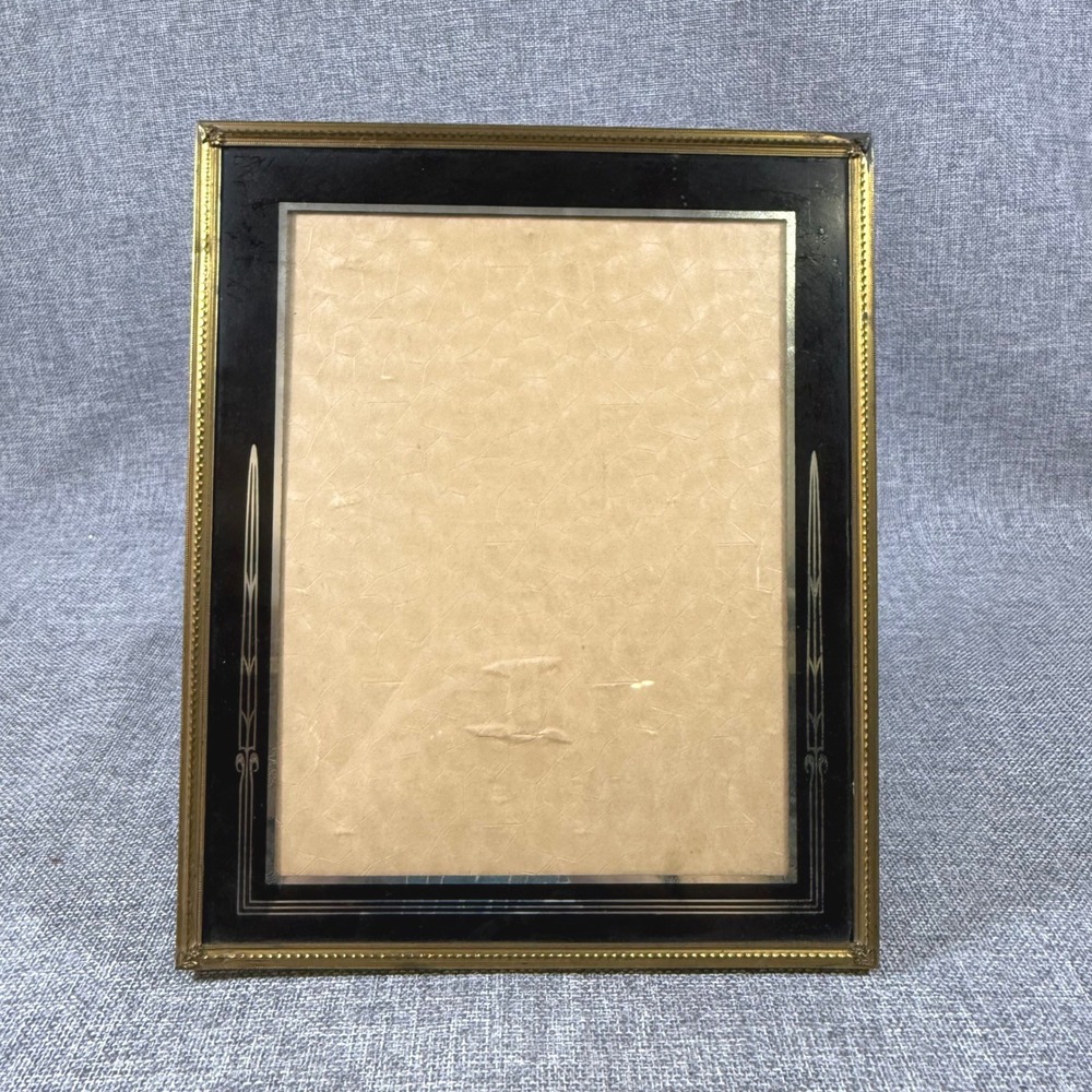 VTG Art Deco Picture Frame Gold Black Silver Inlay 8x10 Hollywood Regency Retro